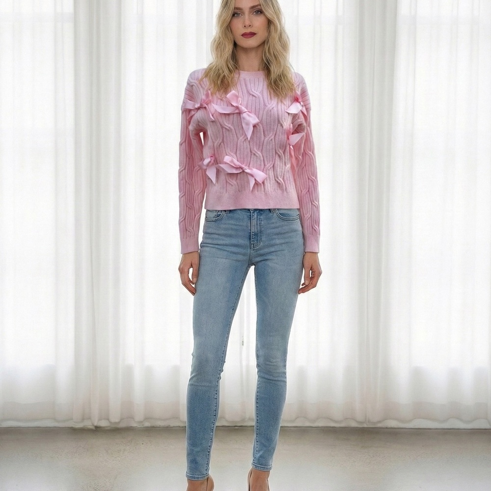 Pink Cable Knit Sweater with Satin Bows, Acrylic Blend Crew Neck Pullover